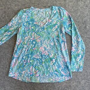 Lilly Pulitzer Etta Top Shirt Womens Small Blue Pink Green Long Sleeve V Neck
